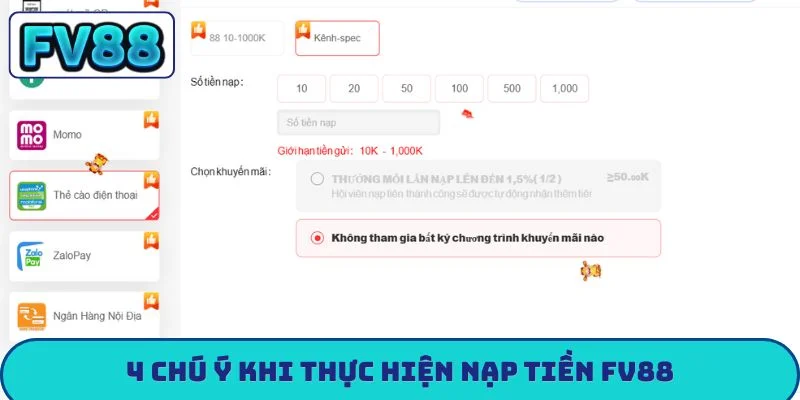 Hướng Dẫn Nạp Tiền FV88 - 4 Cách Nạp Siêu Tốc An Toàn 4 chú ý khi thực hiện nạp tiền FV88